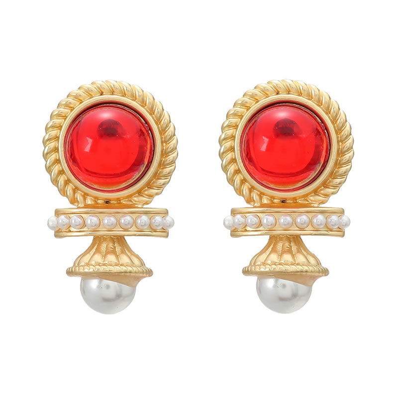 Fashion Red Alloy Resin Pearl Round Stud Earrings