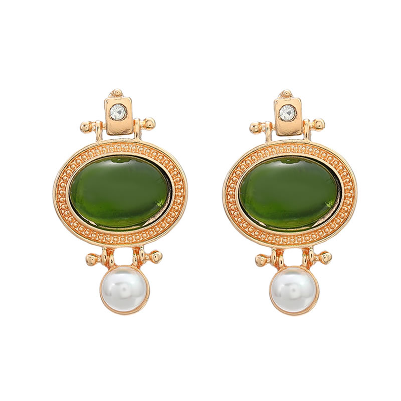 Fashion Green Alloy Resin Oval Stud Earrings