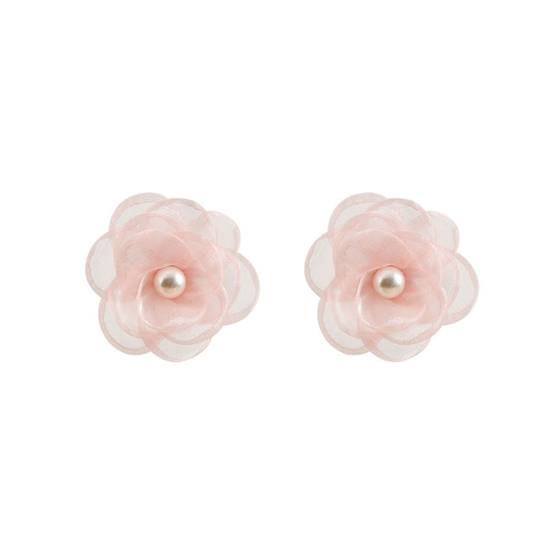 Fashion Pink Geometric Pearl Lace Flower Stud Earrings