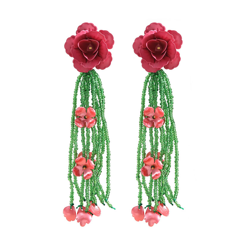 Fashion Green Alloy Lacquer Flower Rice Bead Tassel Earrings