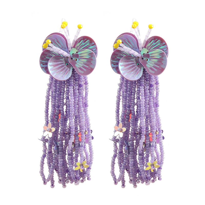 Fashion Purple Rice Bead Tassel Flower Earrings