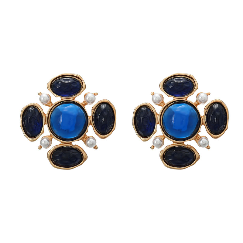 Fashion Blue Alloy Resin Geometric Flower Stud Earrings