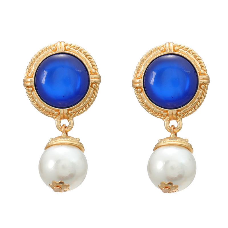 Fashion Blue Alloy Set Resin Pearl Round Earrings