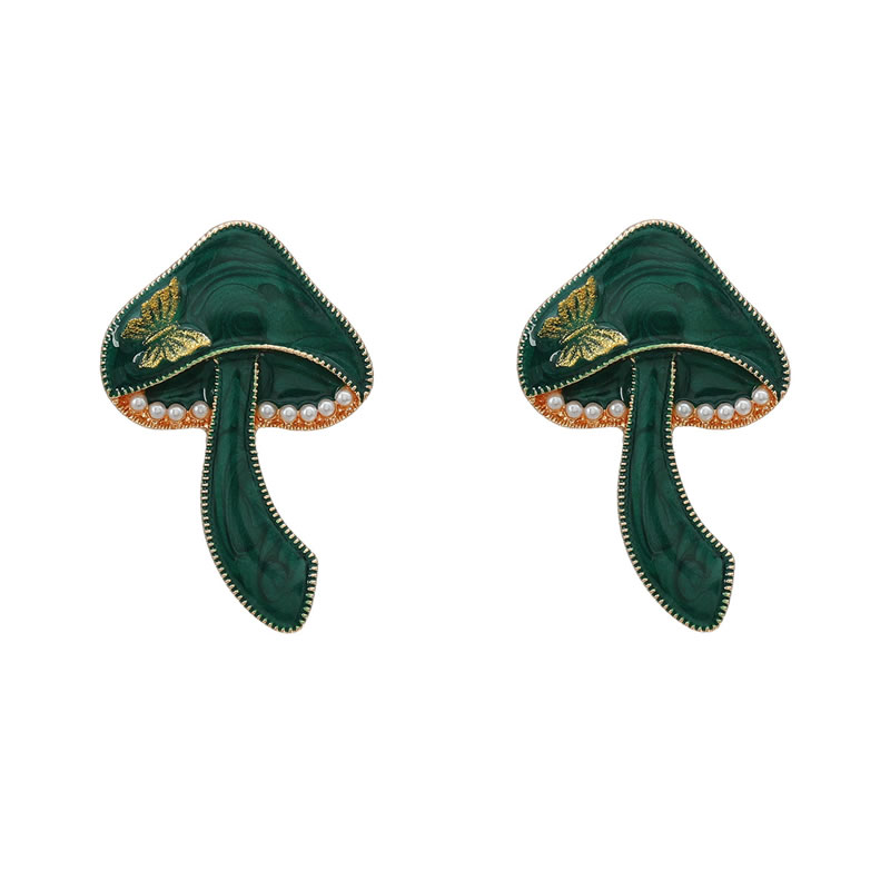 Fashion Green Alloy Inlaid Pearl Drip Oil Mushroom Stud Earrings