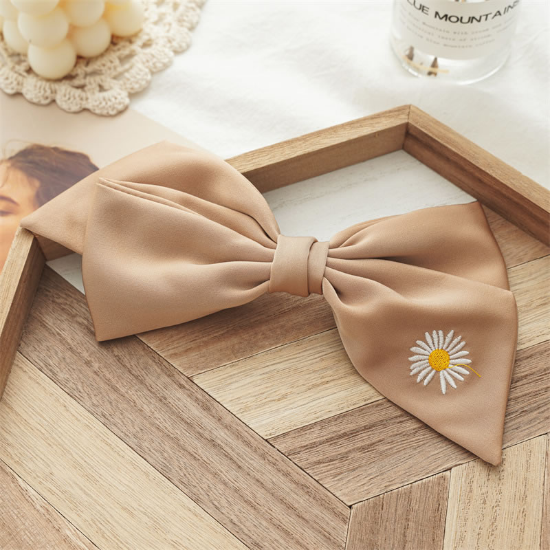 Fashion Brown Embroidery Fabric Daisy Embroidered Bow Hair Clip
