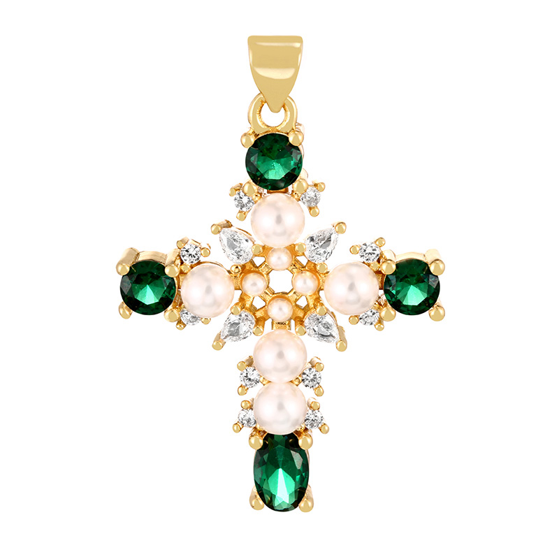 Fashion Green Copper Paved Zirconia Pearl Cross Pendant Accessory