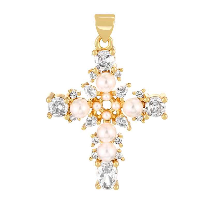 Fashion White Copper Paved Zirconia Pearl Cross Pendant Accessory