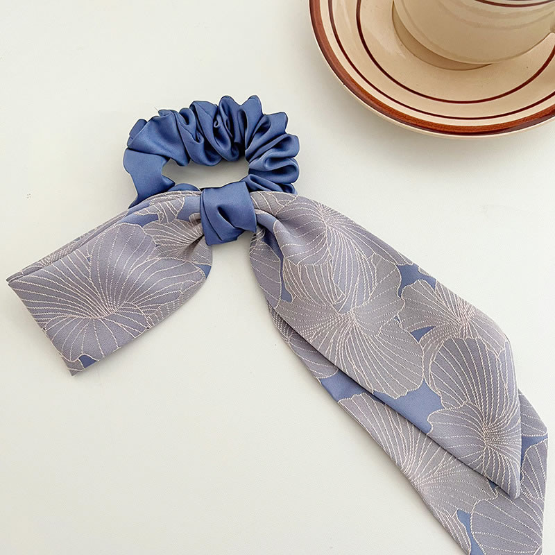 Fashion Blue Bow Hair Tie Printed Double Layer Bow Ribbon Ruffled Hair Tie