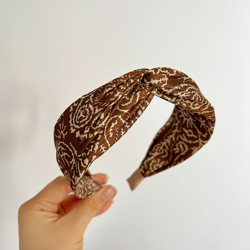 Fashion Brown Printed Cross Headband Fabric-print Knotted Wide-brimmed Headband