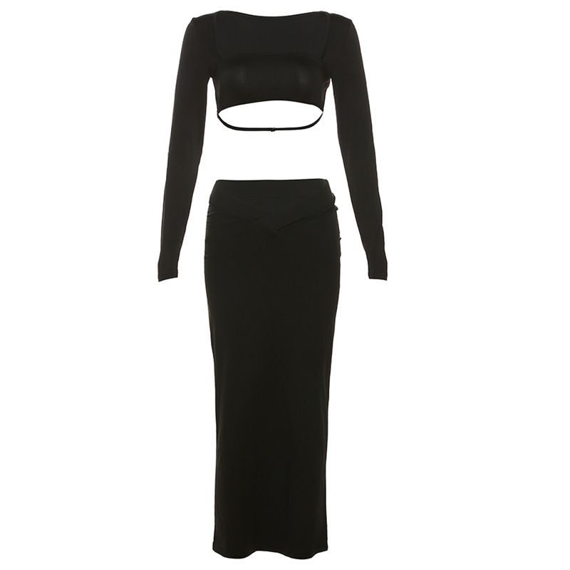 Fashion Black Square Neck Crop Top And Skirt Set