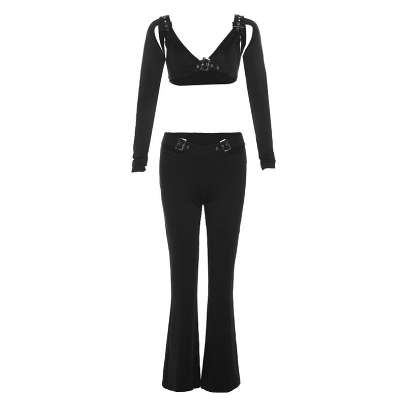 Fashion Black Navel Cutout Long-sleeved High-waisted Trousers Suit