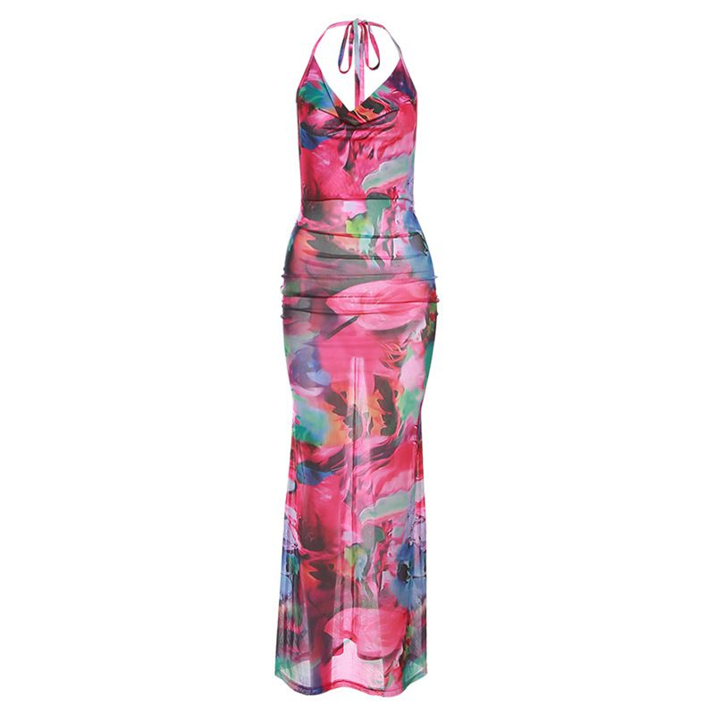 Fashion Color Halter Neck Print Sheer Pleated Dress