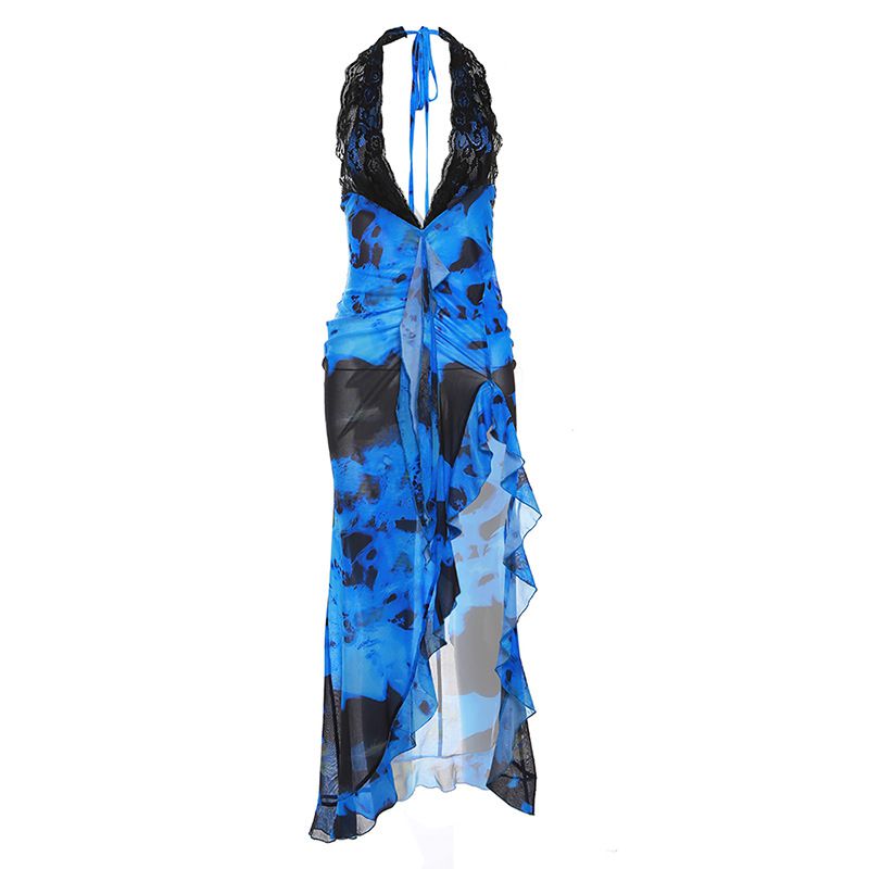 Fashion Blue Polyester Printed Halter Neck Irregular Dress