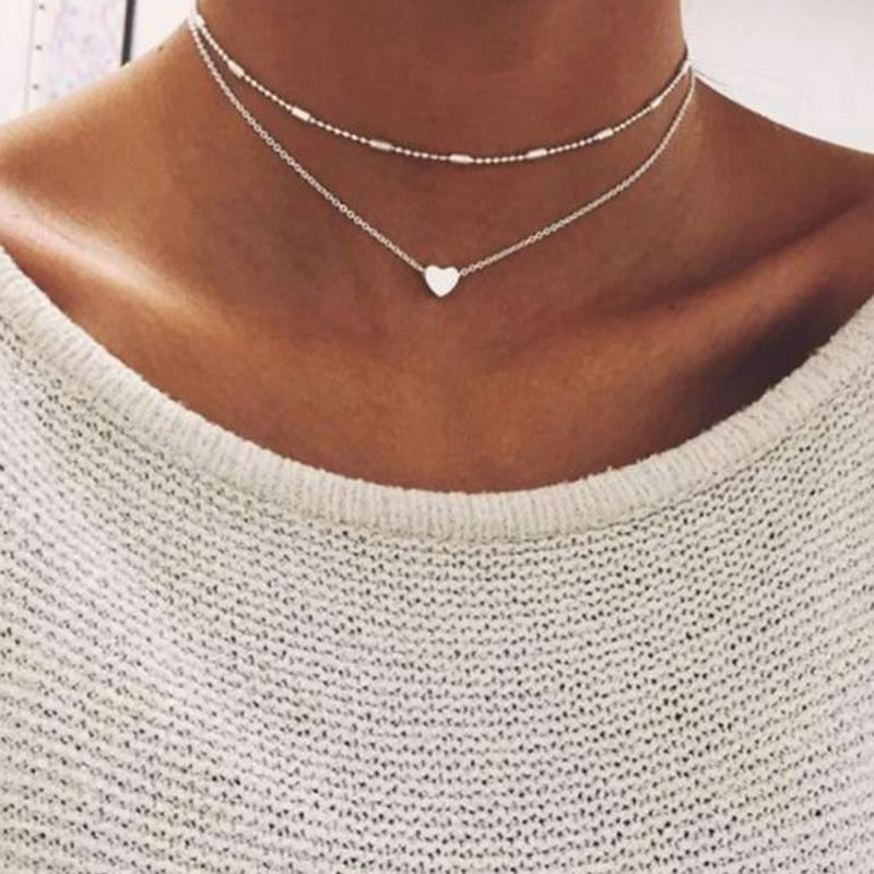 Fashion Silver Alloy Chain Heart Double Layer Necklace