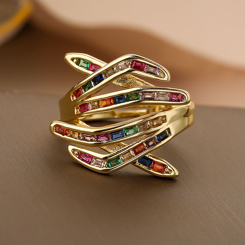 Fashion Colored Diamond Gold-plated Copper Inlaid Zirconia Irregular Geometric Open Ring
