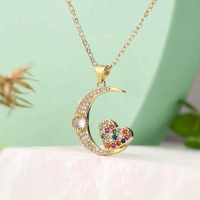 Fashion 2# Gold Plated Copper Moon Heart Necklace With Zirconia