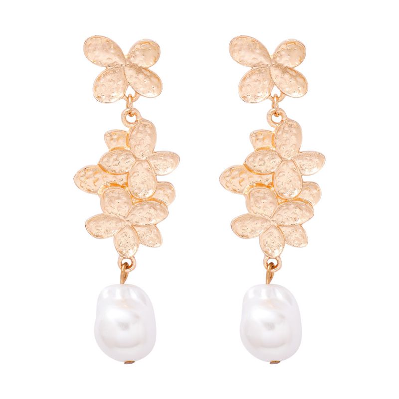 Fashion Gold Geometric Flower Pearl Drop Earrings