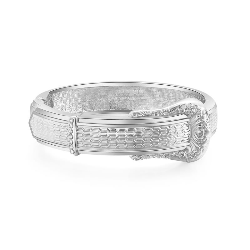 Fashion Silver Wide Open Spring Bracelet In Metal And Diamonds
