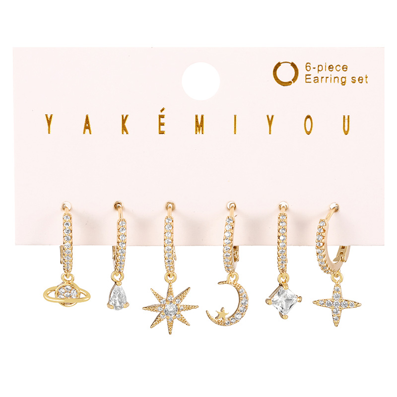 Fashion Gold Set Of 6 Copper Inlaid Zirconia Starburst Crescent Pendant Earrings
