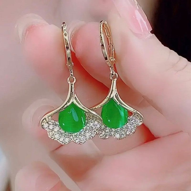 Fashion Green Metal Diamond Cat-eye Ginkgo Leaf Hoop Earrings
