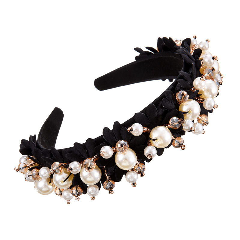 Fashion Black Fabric Pearl Flower Crystal Wide-brimmed Headband (3cm)