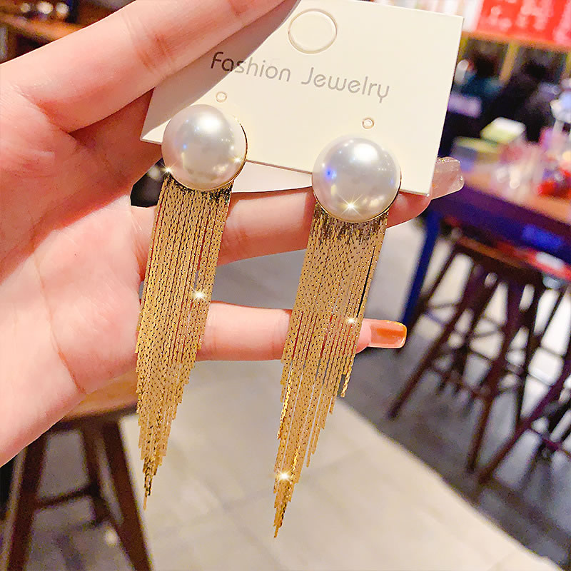 Gold Geometric Tassel Round Pearl Drop Earrings