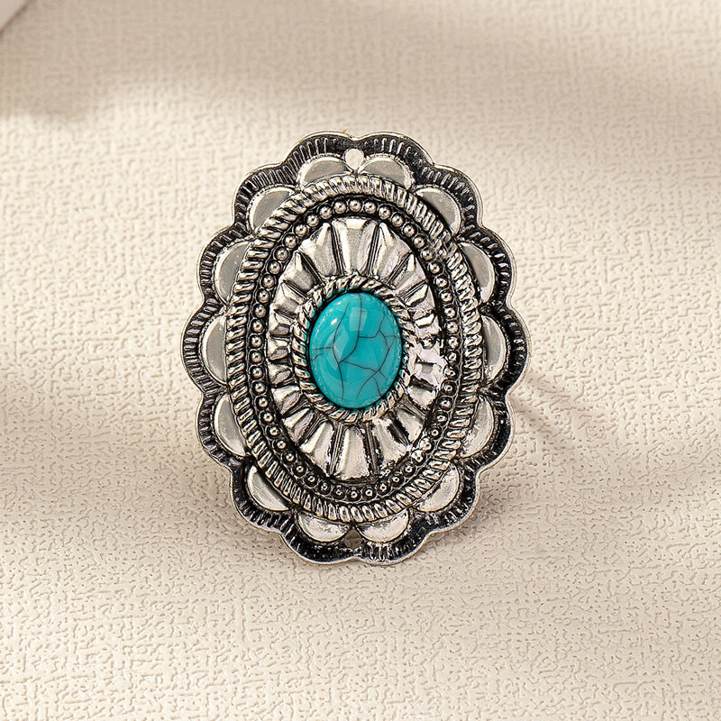 Silver Geometric Turquoise Oval Ring