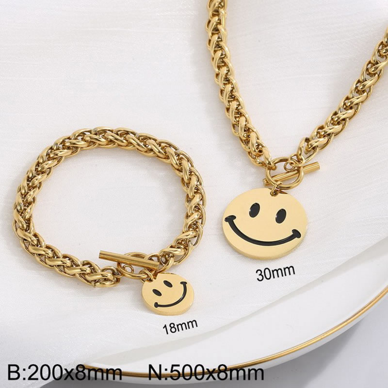 Fashion Gold Suit Ks204749-z Titanium Steel Smiley Face Ot Buckle Necklace Bracelet Set