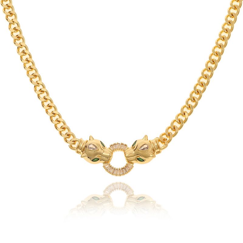 Fashion Gold Men's Brass And Diamond Leopard Head Necklace