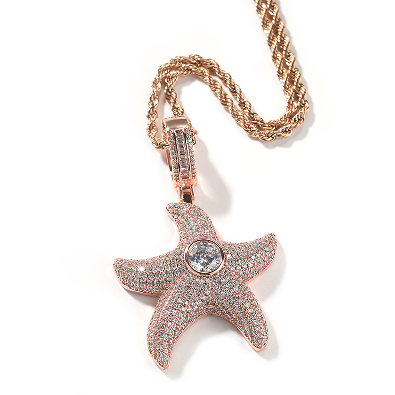 Fashion Rose Gold Pendant + 3mm24inch Twist Chain Copper And Diamond Starfish Necklace