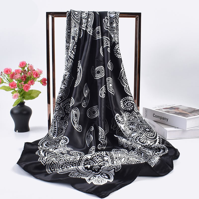 Fashion Black Satin Printed Long Silk Scarf
