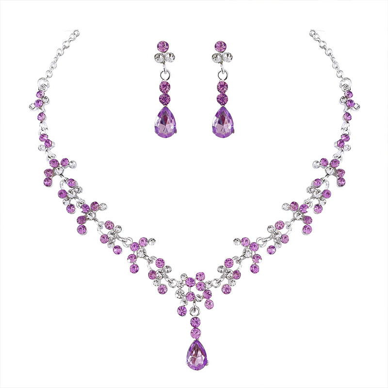 Fashion Silver Purple Earring Style Alloy Diamond Geometric Earrings Necklace Set