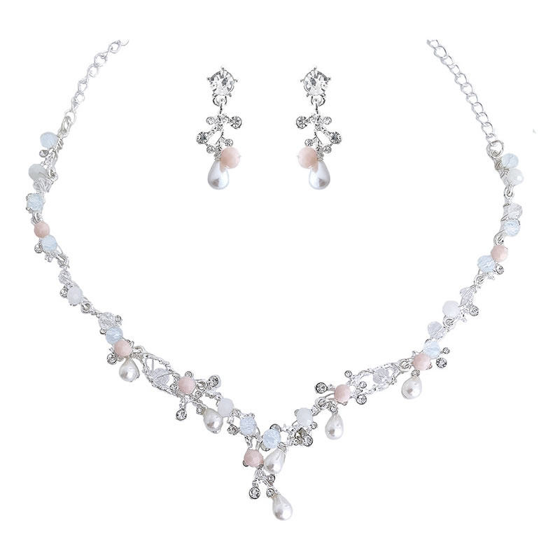 Fashion Silver Ear Studs Alloy Diamond Geometric Earrings Necklace Set