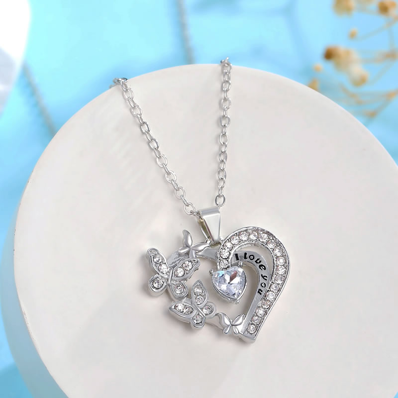 Fashion White Alloy Diamond Heart Butterfly Necklace