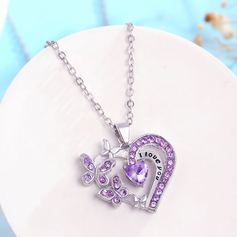 Fashion Purple Alloy Diamond Heart Butterfly Necklace