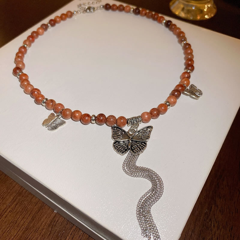 Fashion Necklace-brown Alloy Beaded Butterfly Necklace