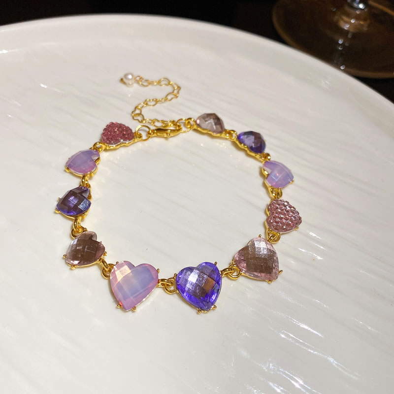 Fashion Bracelet - Purple Alloy Diamond Heart Bracelet