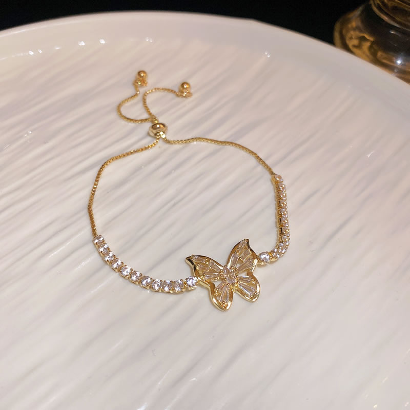Fashion Bracelet - Gold Copper Paved Zirconia Butterfly Pull Bracelet