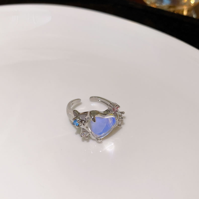 Fashion Ring - Silver Glass Heart Alloy Diamond Geometric Open Ring