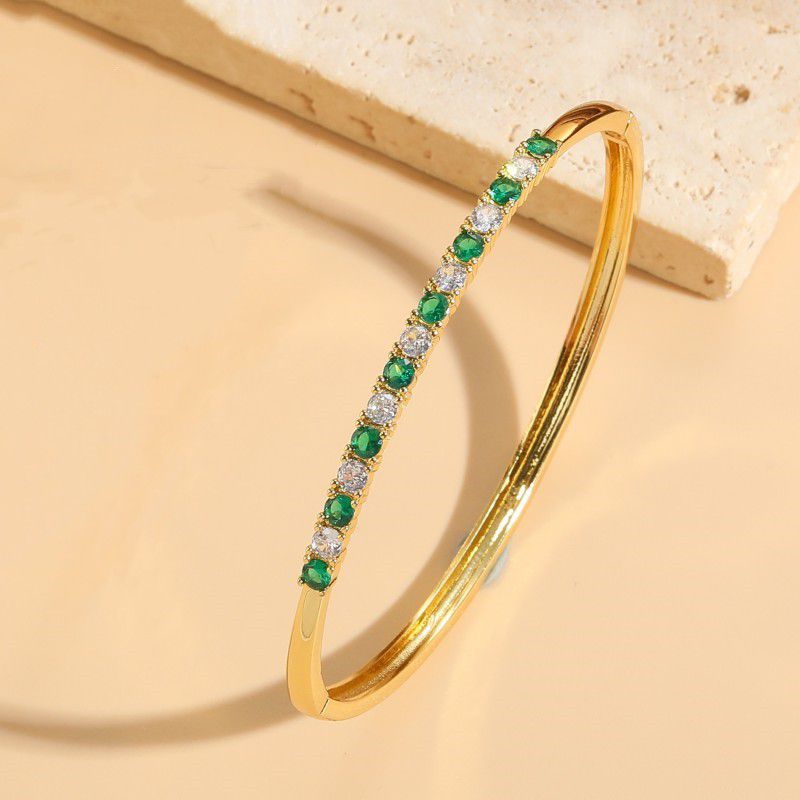 Fashion Green Zircon Bracelet Zirconia Geometric Cuff Bracelet In Copper