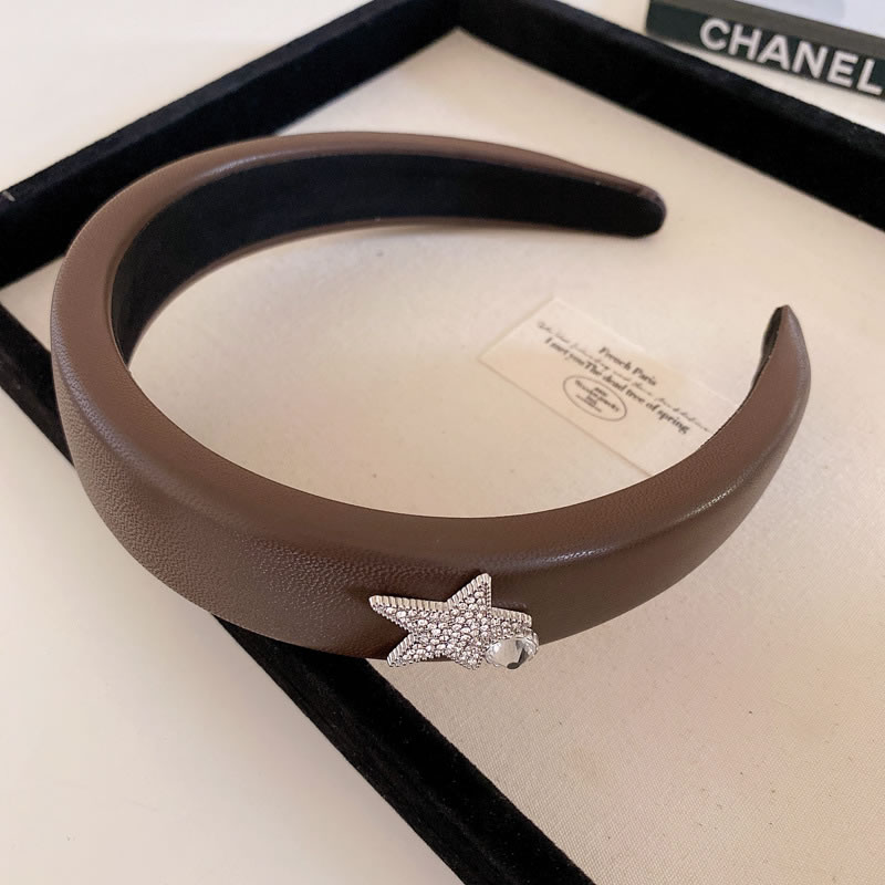 Fashion Headband-brown Geometric Diamond-studded Pentagram Leather Wide-brimmed Headband