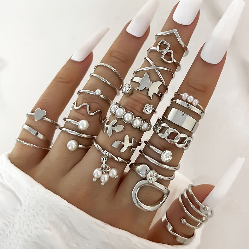 Fashion Silver Geometric Heart Pearl Leaf Ring Set
