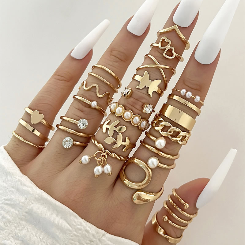 Fashion Gold Geometric Heart Pearl Leaf Ring Set
