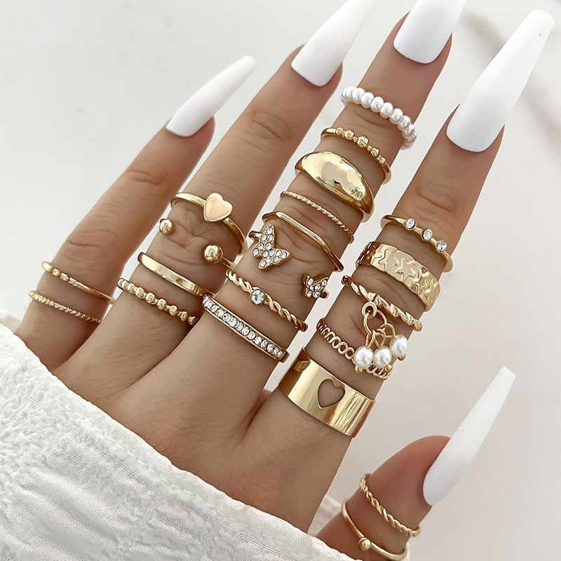 Fashion Gold Alloy Geometric Diamond Butterfly Love Pearl Ring Set