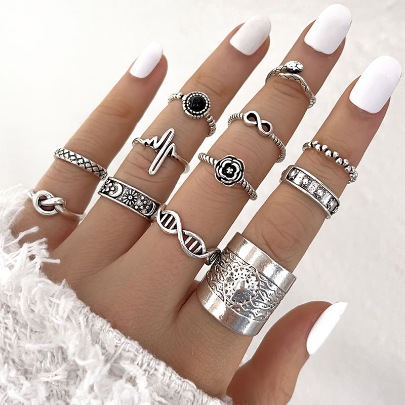 Fashion Silver Alloy Geometric Knotted Ekg Snake Ring Set