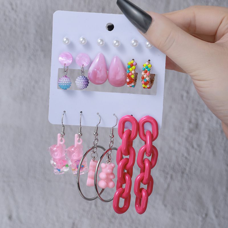 Fashion 3# Acrylic Bayberry Ball Pearl Bear Chain Earrings Set