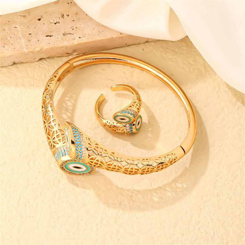 Fashion 6# Gold Plated Zirconia Geometric Eye Cuff Bracelet Ring Set In Copper