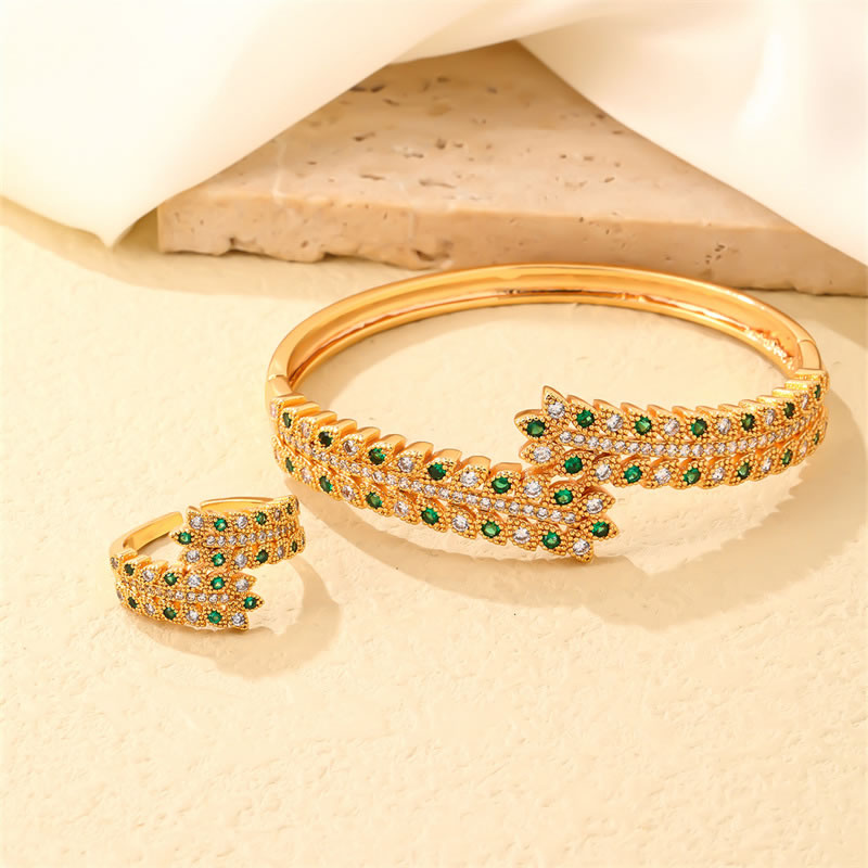 Fashion Suit 2 Zirconia Geometric Cuff Bracelet Ring Set In Copper