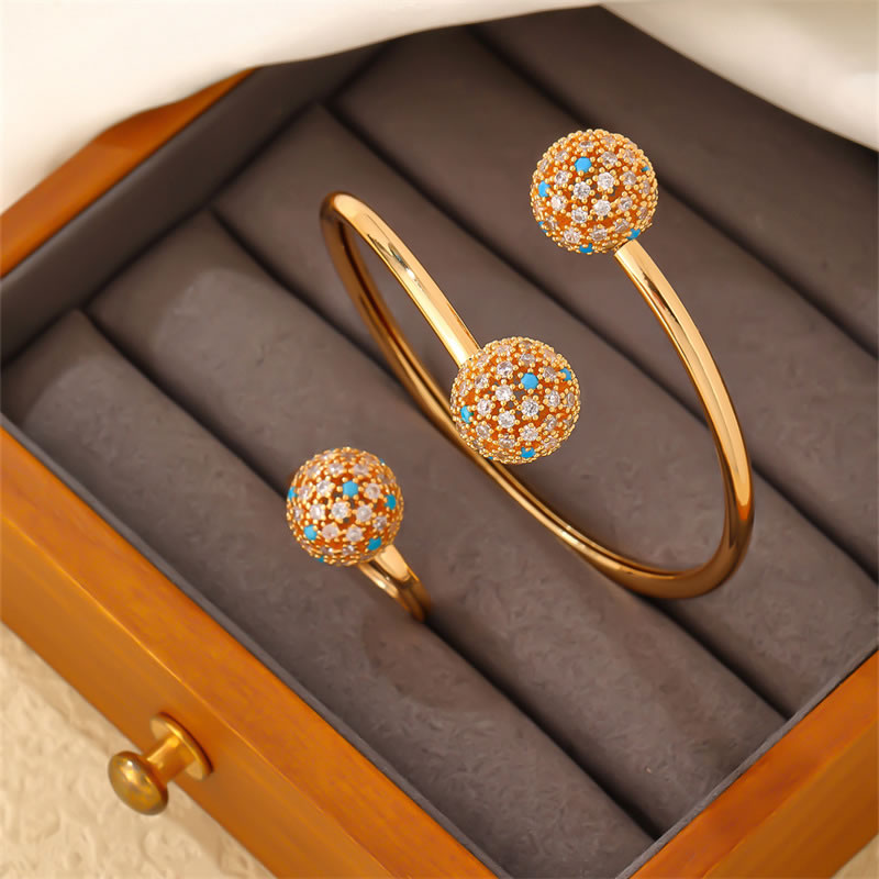 Fashion 6# Copper Inlaid Zirconium Ball Open Bracelet Ring Set
