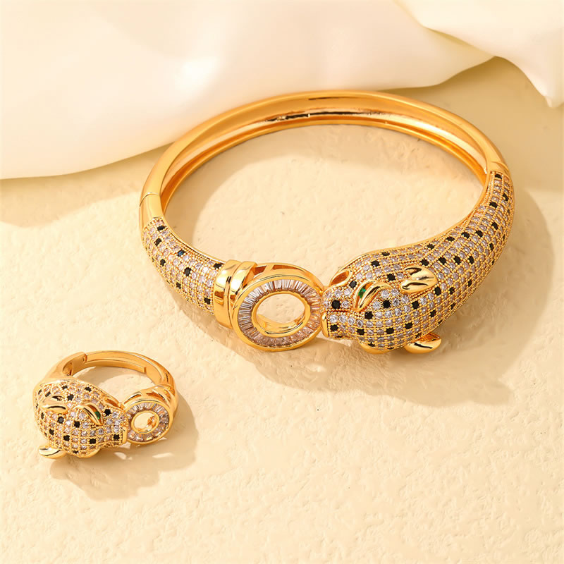 Fashion Golden Suit Gold Plated Copper And Diamond Leopard Ring Bracelet Set